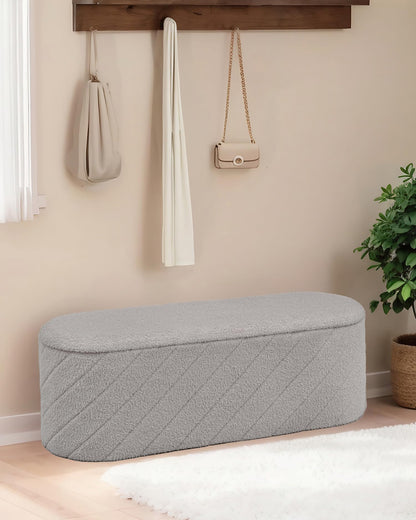 Bonlife Oval Ottoman with Storage Bench, Folding Foot Rest with Lid, Boucle End of Bed Bench,Foostool for Living