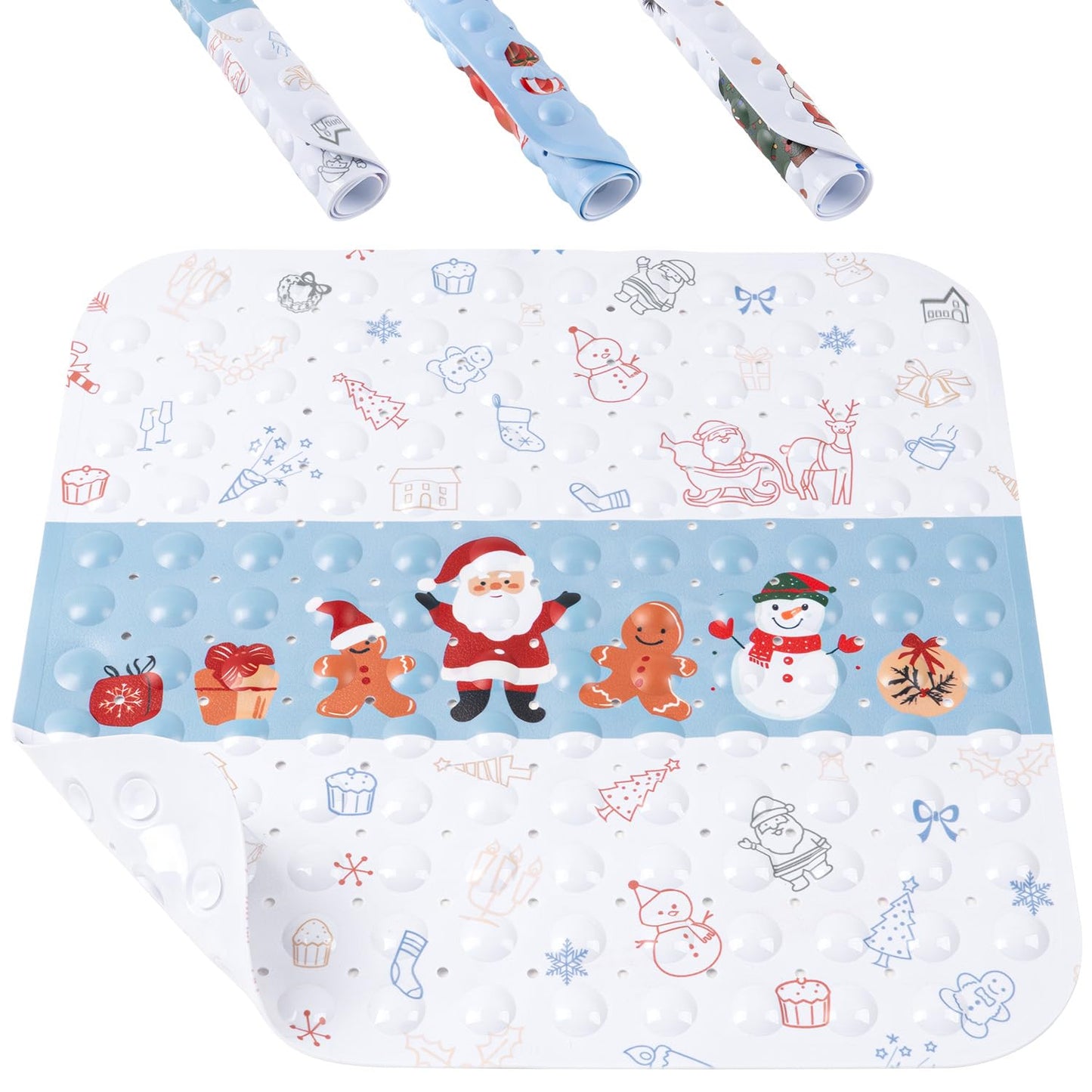 HITSLAM Christmas Shower Bath Mat Non Slip Anti Mould, 53 x 53cm Square Festive Christmas Shower Mat, Machine Washable Bathtub Mat Anti Slip With