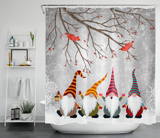GOOESING Winter Christmas Shower Curtain Funny Gnome and Cardinals in Snowy Forest Bathroom Shower Curtain,Snow Scene Polyester Waterproof Polyester