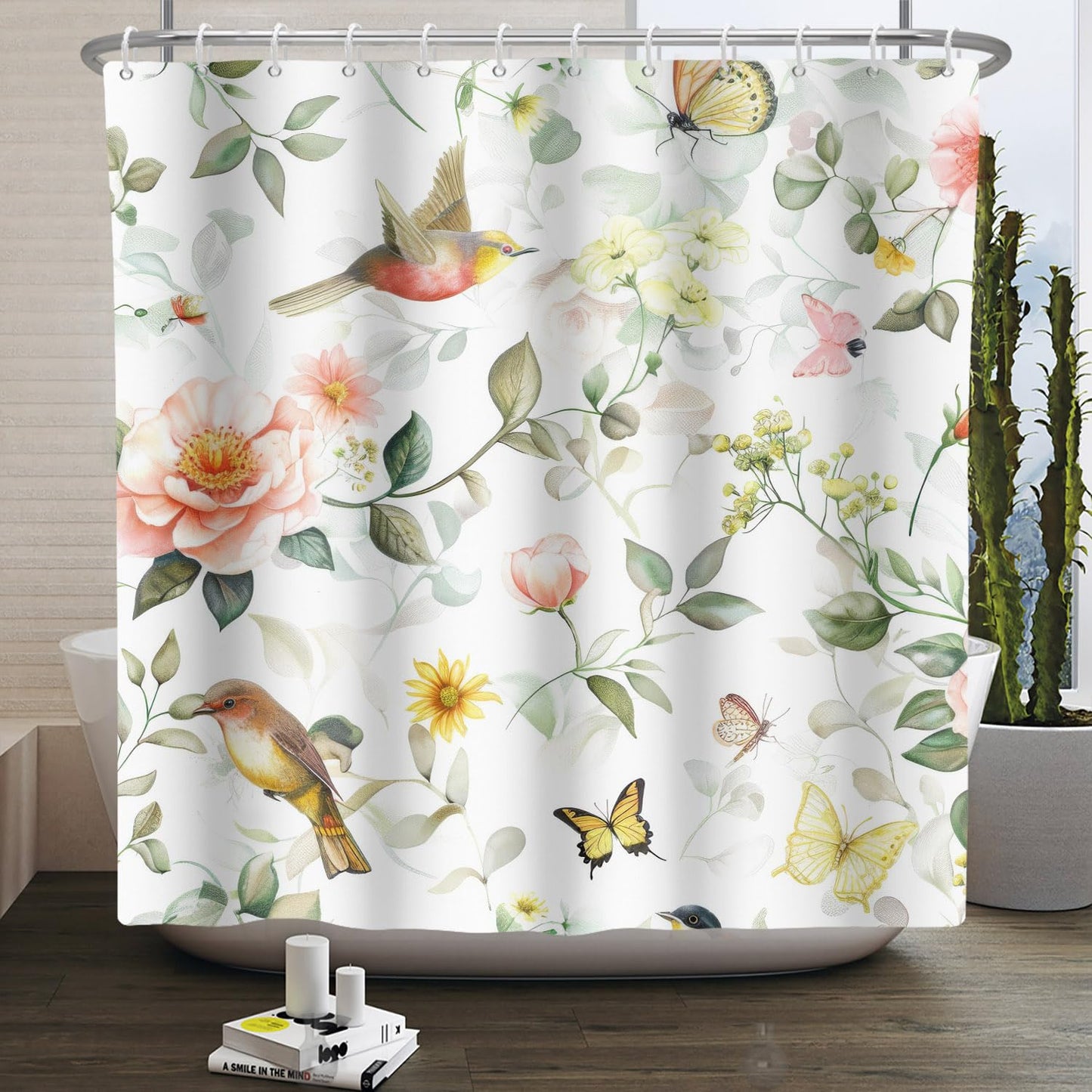 Kzzfqxb 180x200cm Floral Shower Curtains with Plastic Hooks, Botanical Pink Yellow Flowers Leaves Birds Butterflies Waterproof Occluded for Bath,
