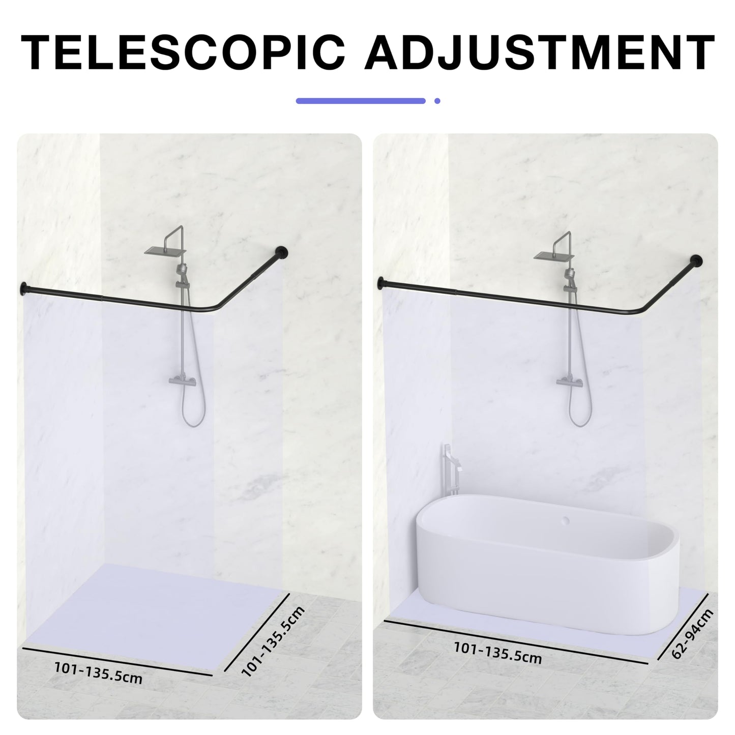 YOFOQ Shower Curtain Rail, L Shaped, Adjustable 62–94x141–174cm, Black