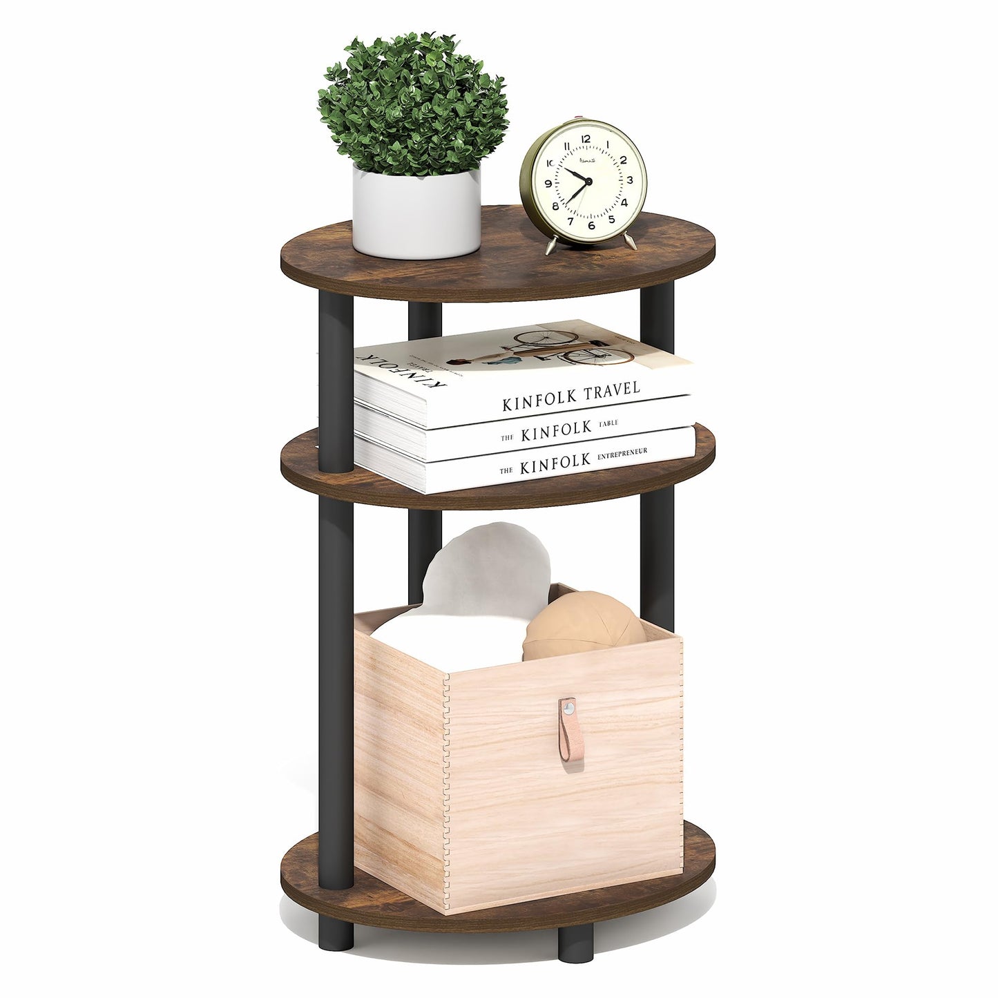 Furinno TURN-N-TUBE Side Table, 3-Tier Oval End Table, Night Stand, Bedside Table, for Living Room, Bedroom, Amber Pine/Black