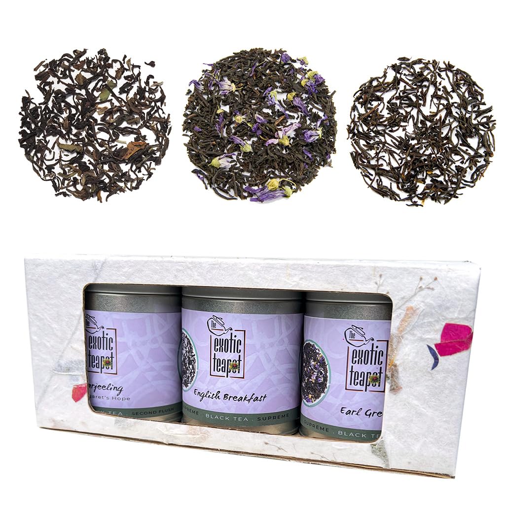 The Exotic Teapot - Black Breakfast Tea Selection Gift Box, Three 50g Tins of Supreme English Breakfast, Darjeeling Margaret?s Hope & Earl Grey Loose