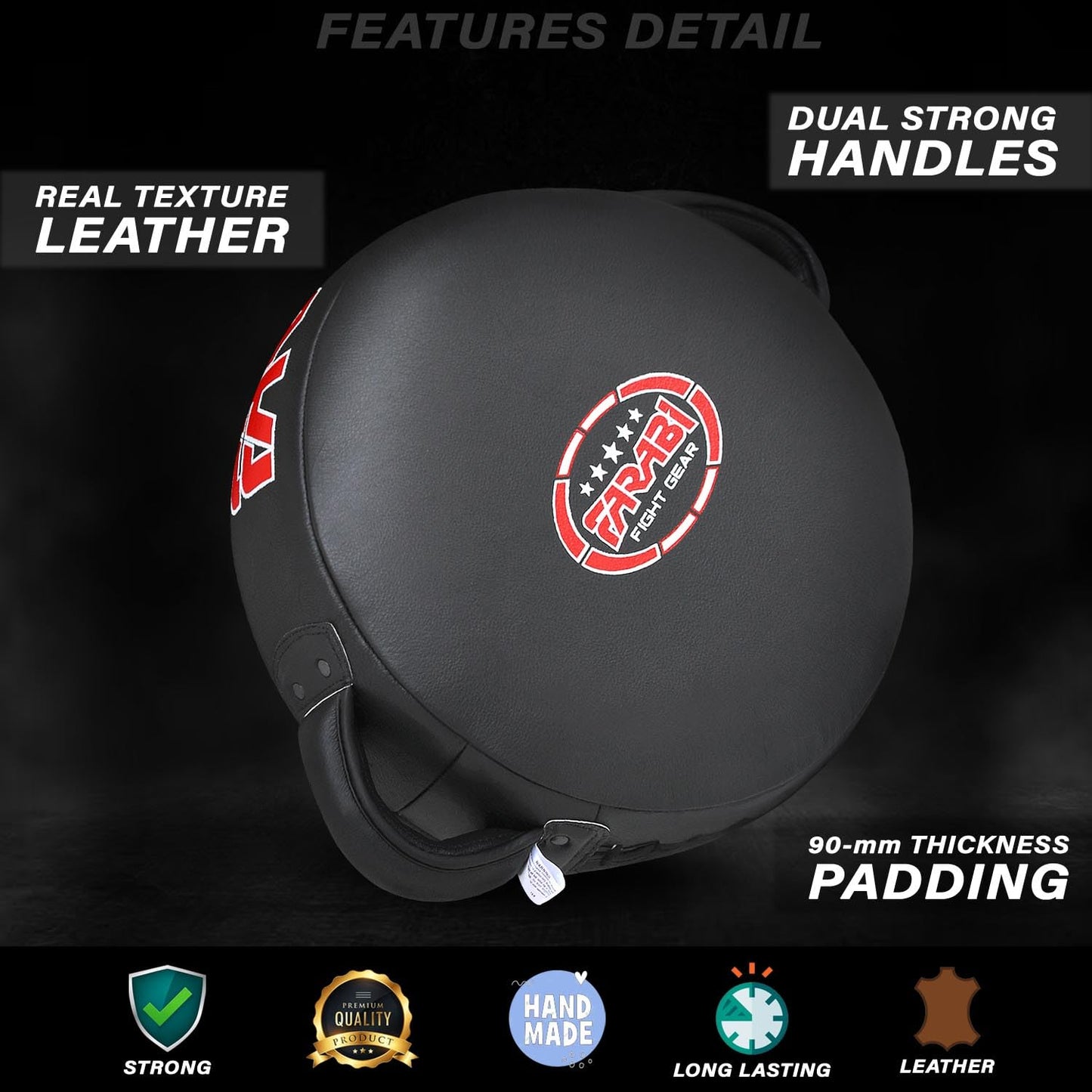 Farabi Sports Round Boxing Pad 100% Genuine Leather Punching Mitts Kick Pad Black Boxing Mitts MMA Muay Thai Taekwondo Kickboxing Training Strike