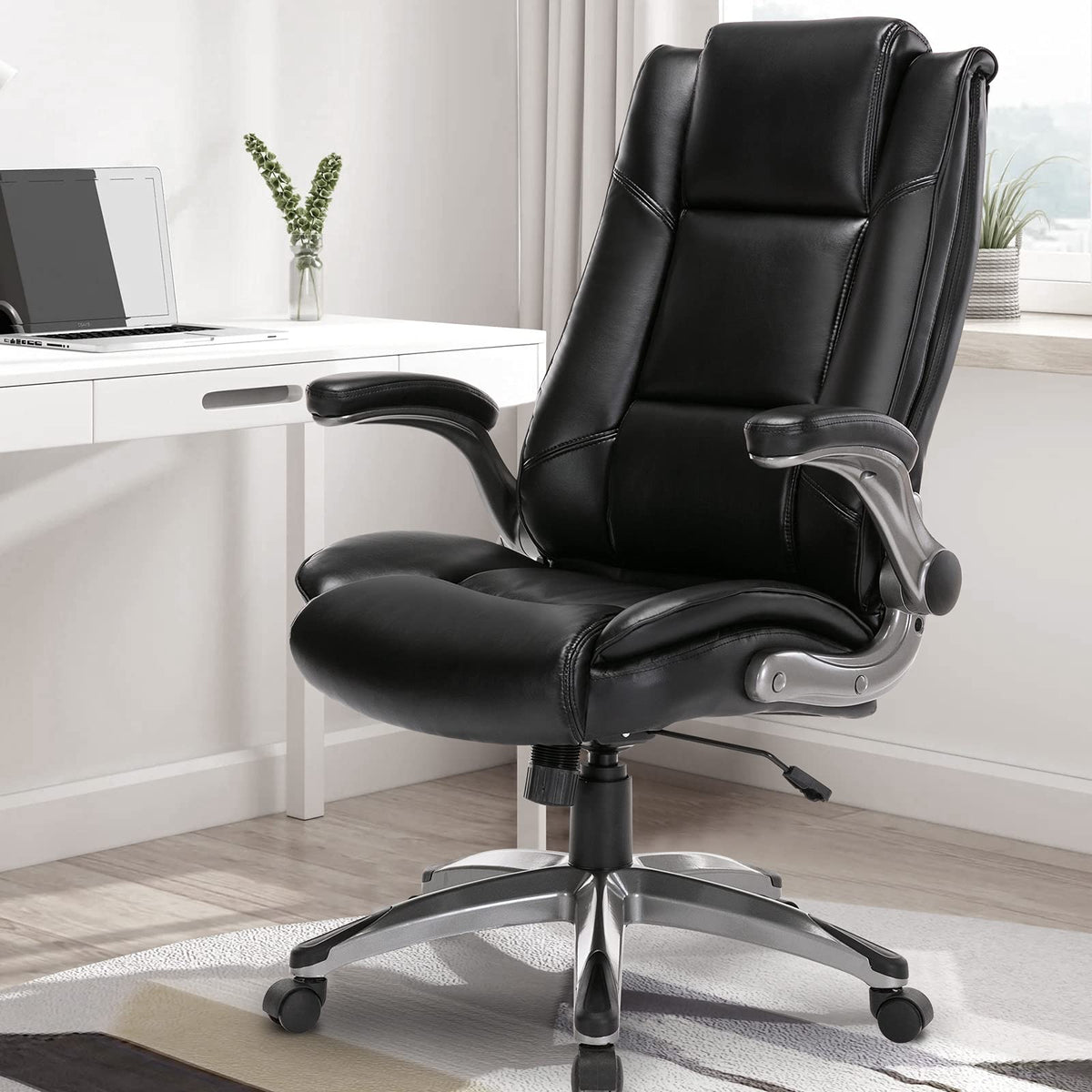 COLAMY Leather Executive Office Chair - High Back Home Computer Desk Chair with Padded Flip-up Arms, Adjustable Tilt Lock