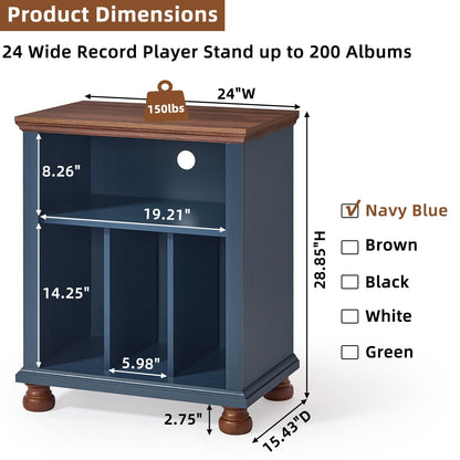 LELELINKY Large Record Player Stand with Vinyl Record Storage, 24" Wide Wood Turntable Stand, Mid-Century Record Player Table Up to 200 Albums