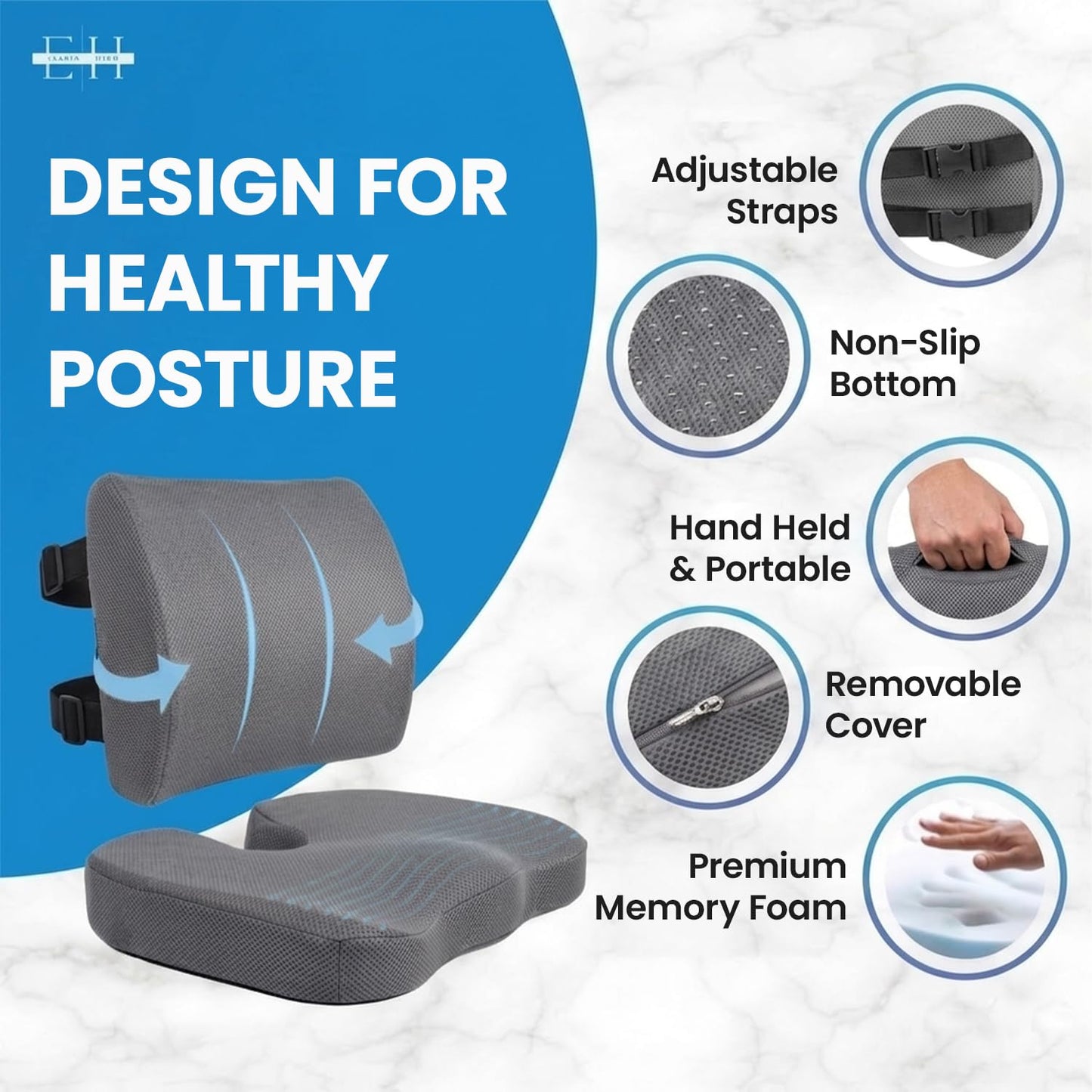 ELIXIR HIVE 2-Piece Orthopaedic Memory Foam Cushion Set – Coccyx & Sciatica Support (Grey)