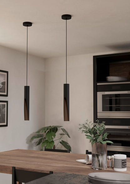 Eglo LED Pendant Lighting Barbotto, Hanging lamp with indirect Lighting, Metal Ceiling Light Fixture in Black and Wood Look, GU10 Bulb, Warm White,
