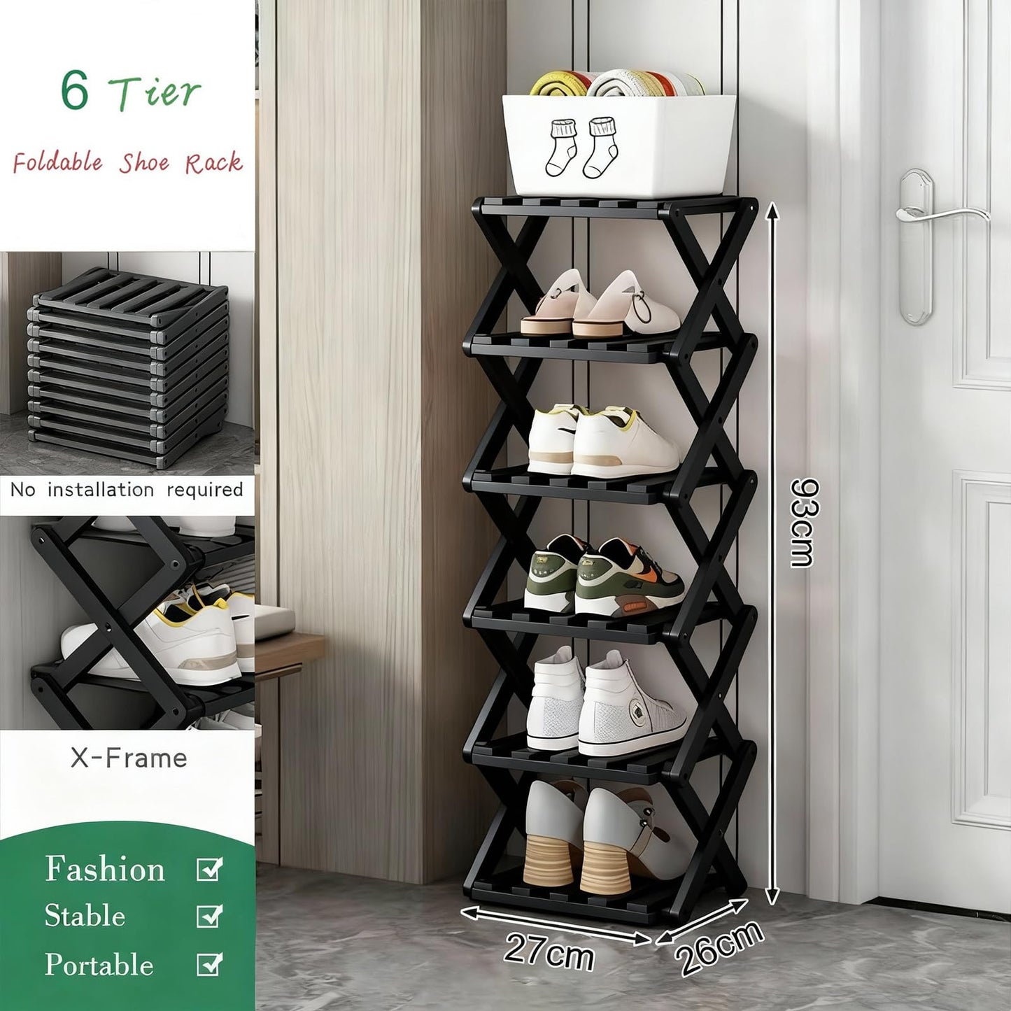 GIRYES Small Shoe Rack Black, 6 Tier Bamboo Foldable Shoes Organizer Free Standing Shelf for Entryway, Bedrooms, Closet, Living Room Corner