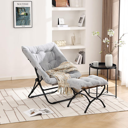 SESHINELL Comfy Saucer Chair with Ottoman, Oversized Foldable Faux Fur Lounge Accent Readin Chair Set with Metal Frame Moon for Bedroom, Living Room