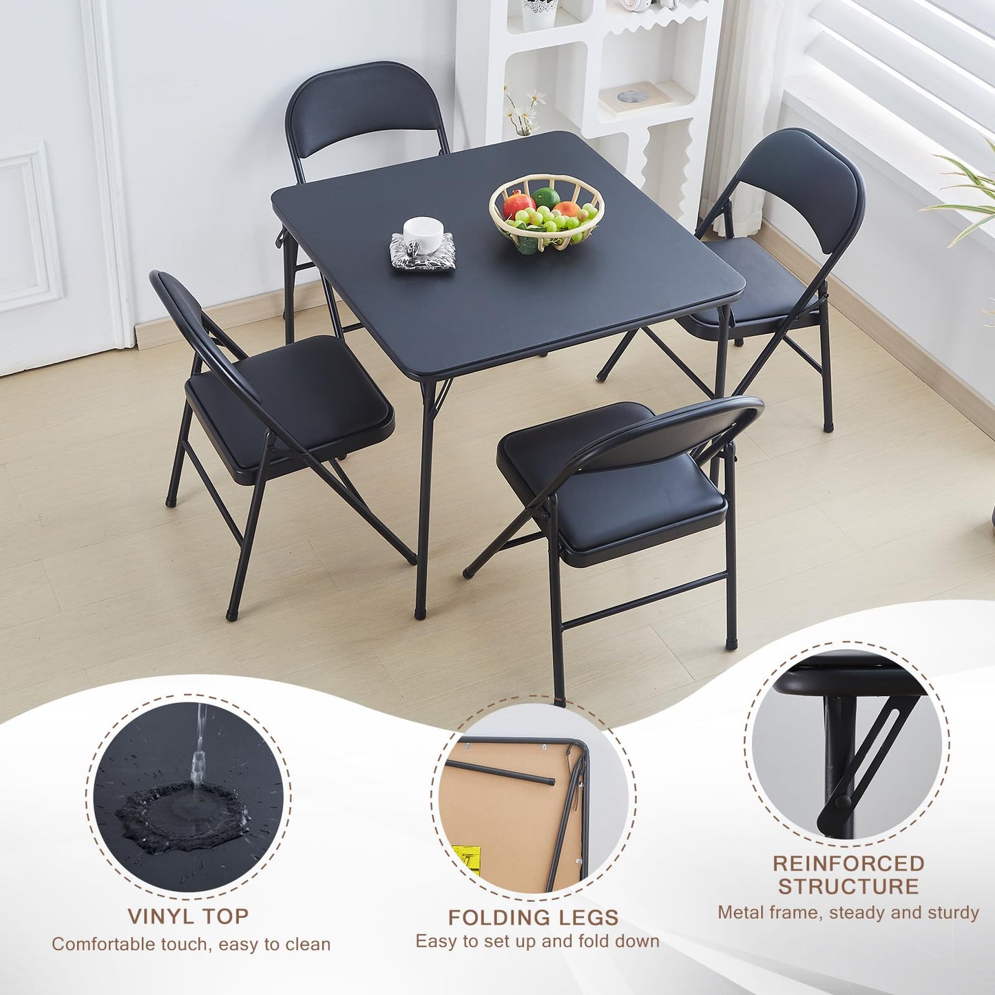 TAO ONE Square Folding Table 32x32 Small Card Table Foldable - Black