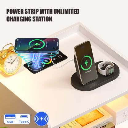FREDEES Bedside Table with Charging Station and LED Lights, White