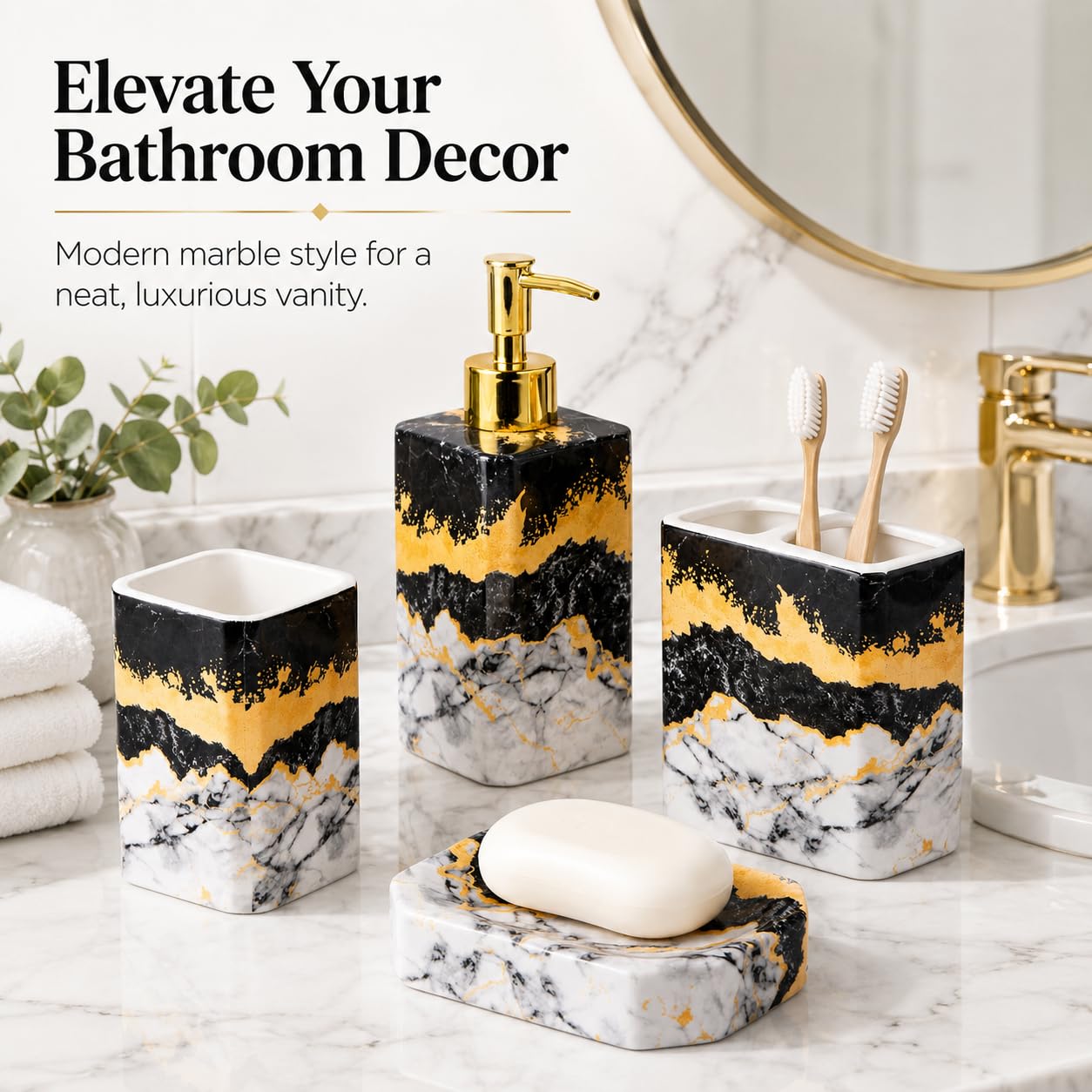 4 Piece Bathroom Accessories Set - Black and White Includes Lotion Dispenser, Toothbrush Holder Tumbler, and Soap Dish - Glossy Finish