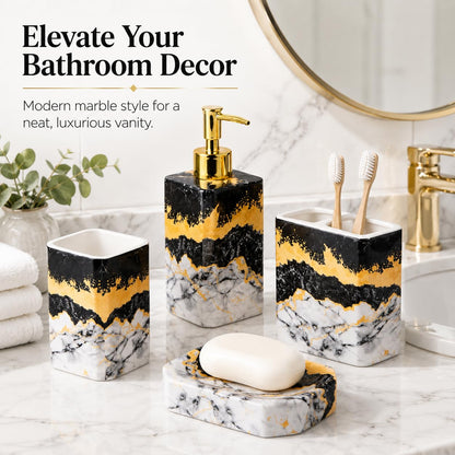 4 Piece Bathroom Accessories Set - Black and White Includes Lotion Dispenser, Toothbrush Holder Tumbler, and Soap Dish - Glossy Finish