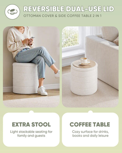 Bonlife Boucle Ottoman Storage, Foot Rest Stool Seat, Folding Footstool for Living Room, Sherpa Ottoman for Bedroom, Cream, 37x37x45 cm