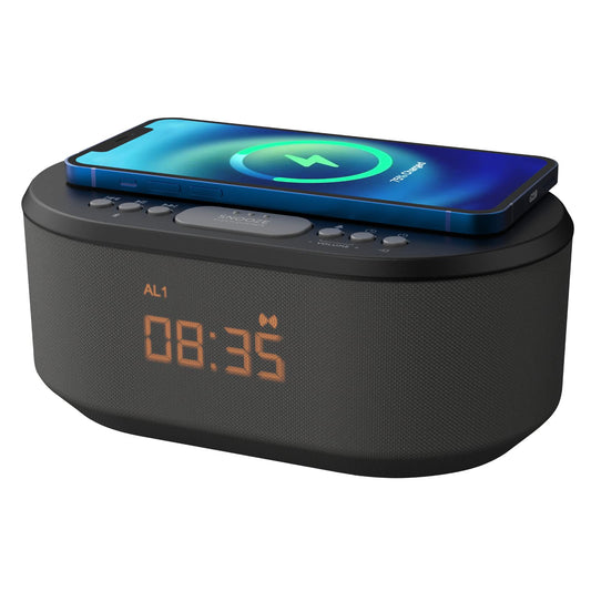 i-box Alarm Clocks Bedside, Alarm Clock with Wireless Charging, Bluetooth Speaker, Radio Alarm Clock, Fast Qi Wireless Charger, Mains Powered, FM