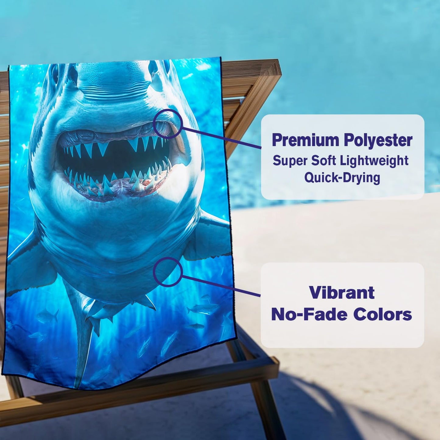 Violetpos Great White Shark Beach Towel, Extra Large 180x90 cm 250GSM Microfibre, Sand Free Quick Dry