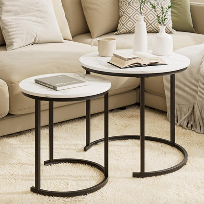 HEYZOEY Round Coffee Tables, Removable Set of 2 End Table, Nesting Table, Side Table with Black Metal Frame Legs and Marble White Top for Living Room