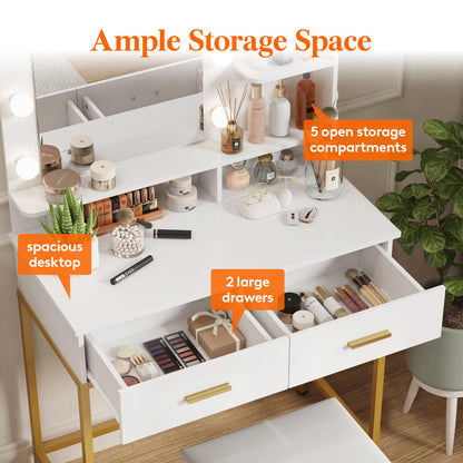 Lifewit Vanity with Mirror and Lights, Adjustable Color/Brightness, White Makeup Desk with 2 Drawers and Stool for Bedroom, Bathroom, Makeup Room