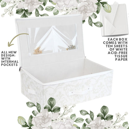 Hoesh - Breathable White with Silver Floral Design Wedding Dress Box - Underbed Storage Boxes, Wedding Dress Storage Box, Wardrobe Organiser
