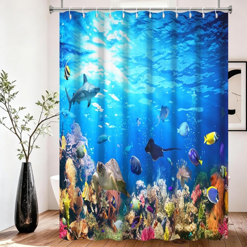Xiaoterna Marine Life Shower Curtain 3D Under The Sea Ocean Animals Bathroom Curtain Ocean Underwater Fish Dolphin Turtle Shark Washable Shower