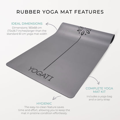 YOGATI Natural Rubber Yoga Mat with Yoga Bag and Carry Strap. Non-Slip Yoga Mat for women and men with Alignment lines. Perfect Exercise Mat for home.