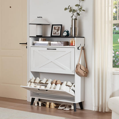 LELELINKY Hidden Slim Narrow Shoe Storage with 2 Flip Drawers, White