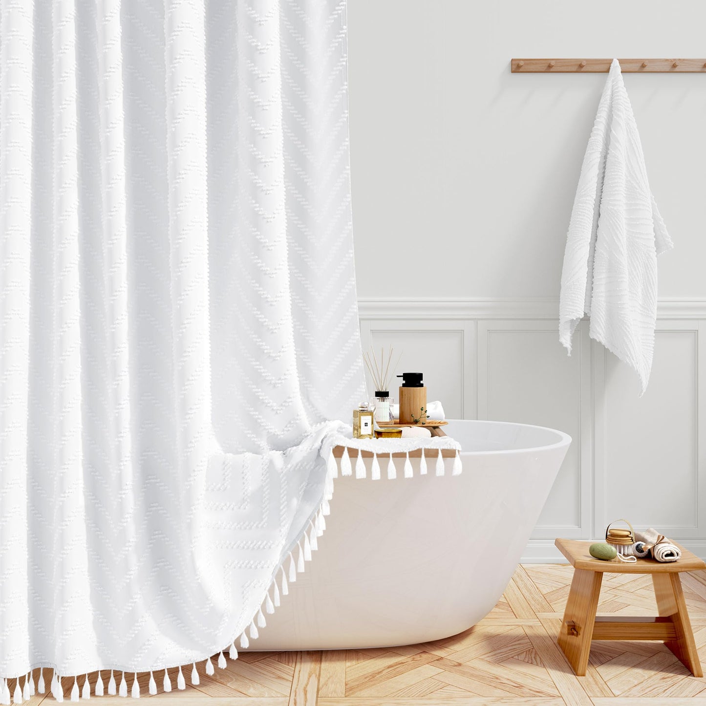 BTTN Boho Farmhouse Shower Curtain, Tufted Chevron Striped Tassel Shower Curtains, Durable and Washable with 12 Plastic Hooks, Vintage Bohemian, 182 x