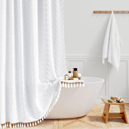 BTTN Narrow Boho Tufted Chevron Shower Curtain, Waterproof, 92x186cm, White