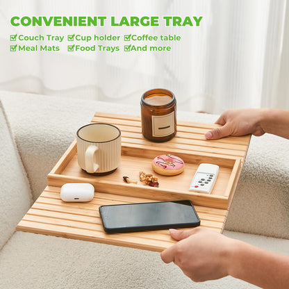 LOVYANXUE Bamboo Sofa Arm Tray, Anti Falling Couch Arm Tray Table, Foldable Couch Armrest Table, Portable Sofa Armrest Trays Cup Holder for Drink