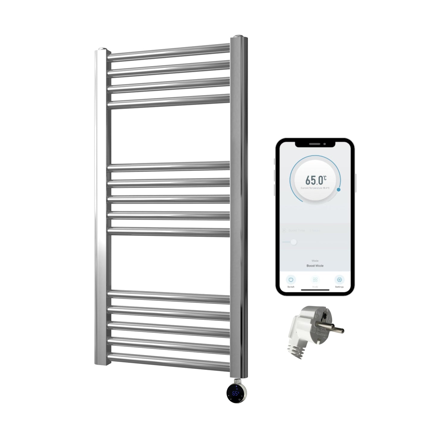 Greened House Electric WiFi Heated Towel Rail Smart Flat 7 Day Programmable Timer App Compatibility (EU) (Chrome, 400mm W x 800mm H)