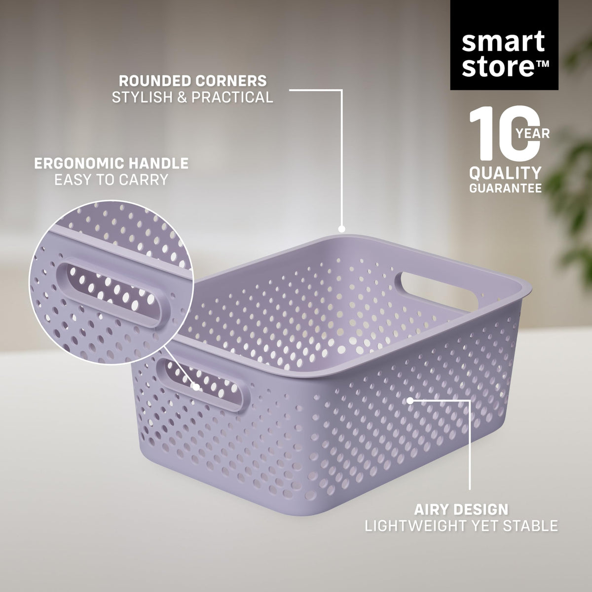 SmartStore Storage Basket with Handles in Lavender 11.4L (36.5x27x15cm) | Plastic Storage Bin from Recycled Plastic