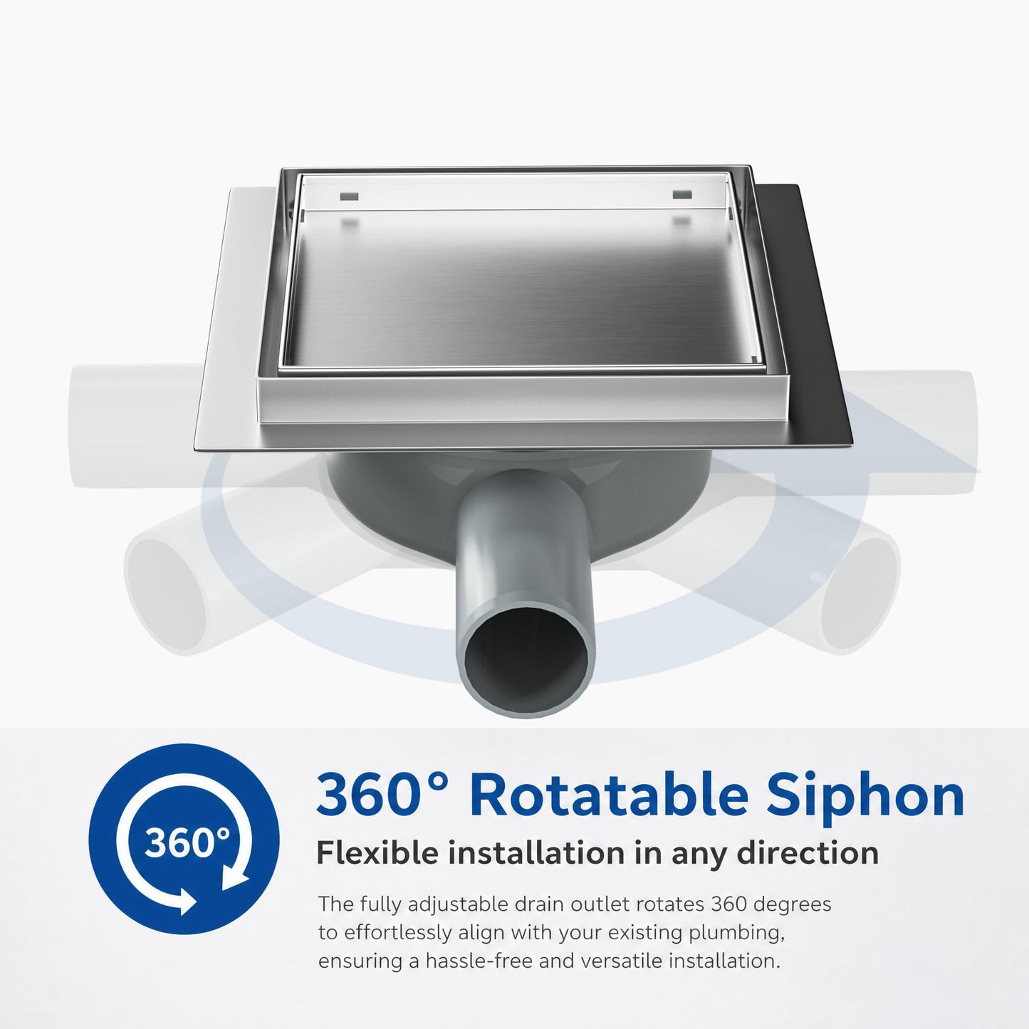 Bernkot Floor Drain Shower Stainless Steel 15 x 15 cm Shower Drain Square with 360° Siphon Odour Stop and Hair Filter 2 in 1