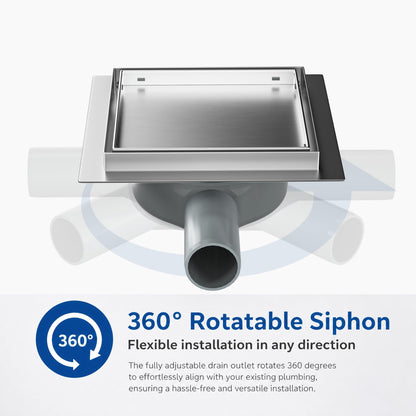 Bernkot Floor Drain Shower Stainless Steel 15 x 15 cm Shower Drain Square with 360° Siphon Odour Stop and Hair Filter 2 in 1