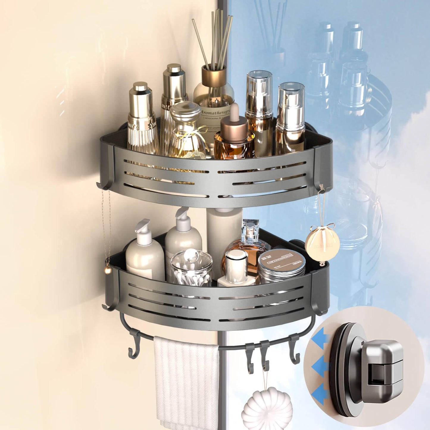 Onemake 2-Pack Corner Shower Caddies with Suction Cups, Removable Aluminum Wall Mounted Organiser Shelves Storage Rack with Towel Bar Portable Hook