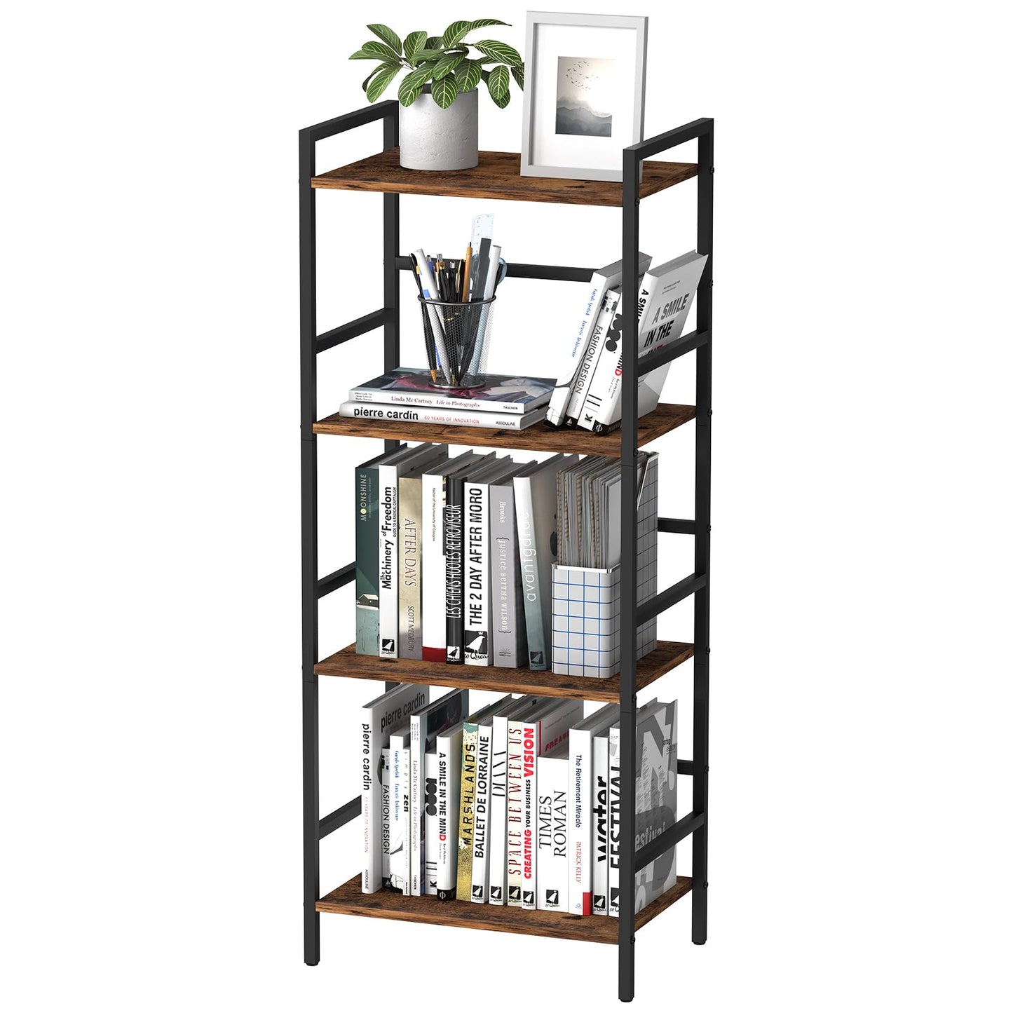 CADUKE 4 Tier Bookshelf with Storage, Brown Open Etagere Bookcase
