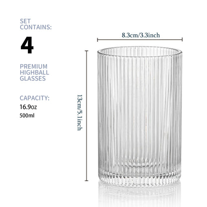 POLIDREAM Vintage Ribbed Glassware Set: 4pcs 16.9oz XL Drinking Glasses, Fluted Ripple Drinkware, Origami Style, Elegant Glassware for Whiskey,