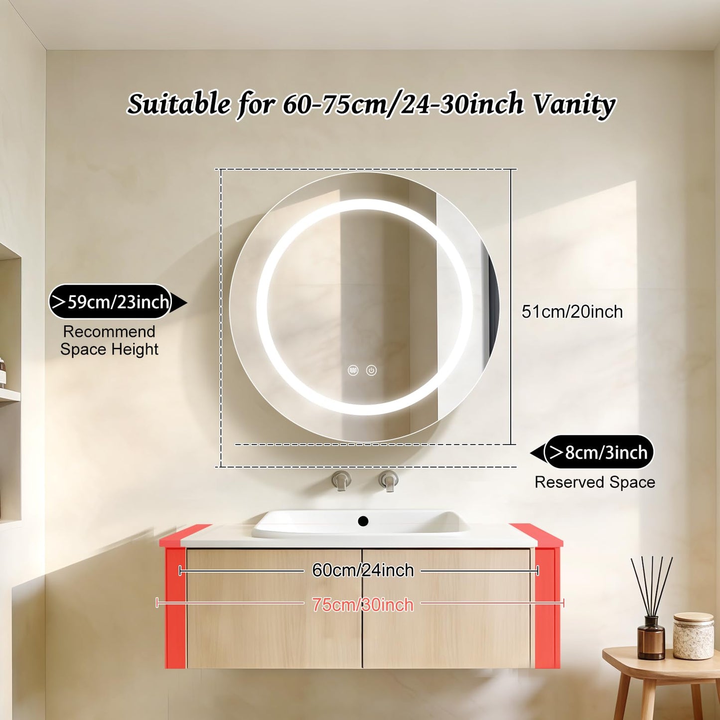 Janboe 51cm Round Mirror Cabinet with Lights,with Defogger,Dimmable,Anti-Fog,3 Colors,Gold