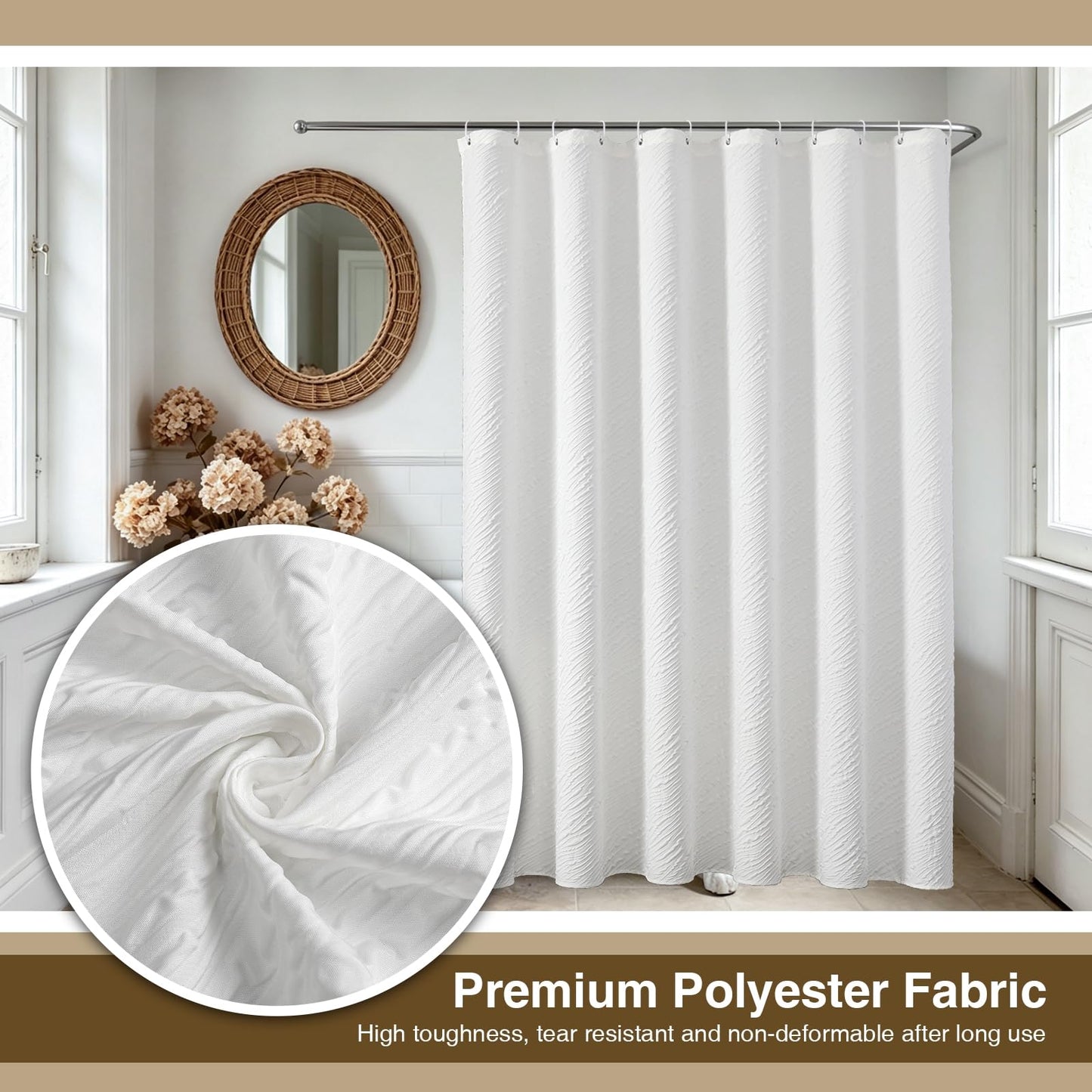 Extra Wide White Shower Curtain 300x200cm for Large Bathroom - Heavy Fabric Marble Pattern Shower Curtains with Hooks & Weighted Hem