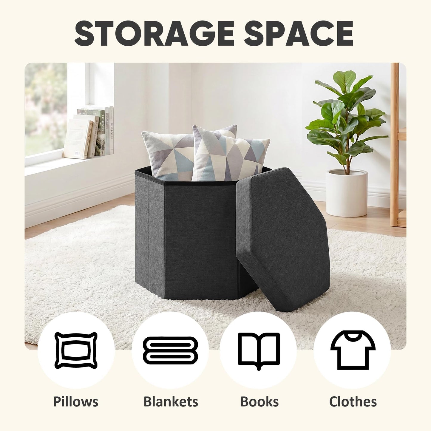 PINPLUS Folding Storage Ottoman, Linen Hexagonal Footrest, Dark Grey