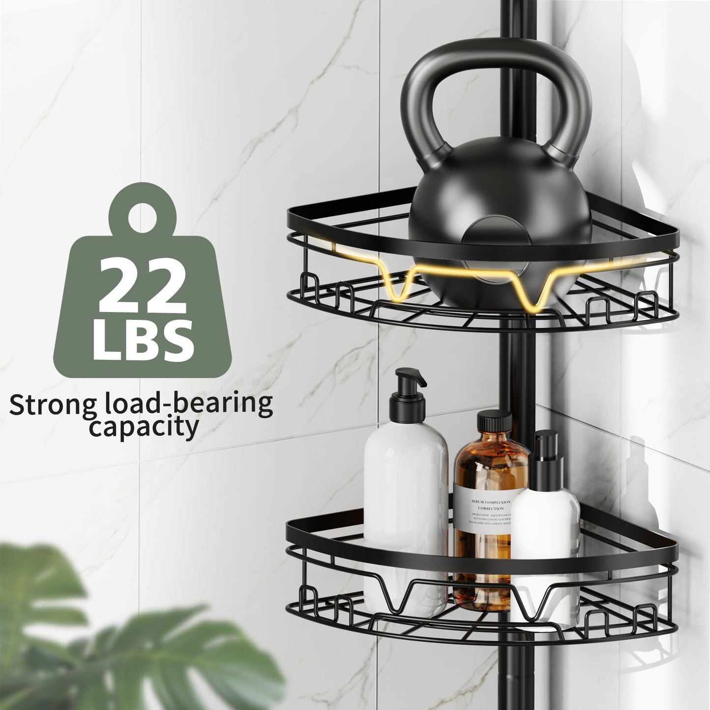 KEGII Telescopic Shower Caddy Corner - Black Shower Shelf with Towel Bar