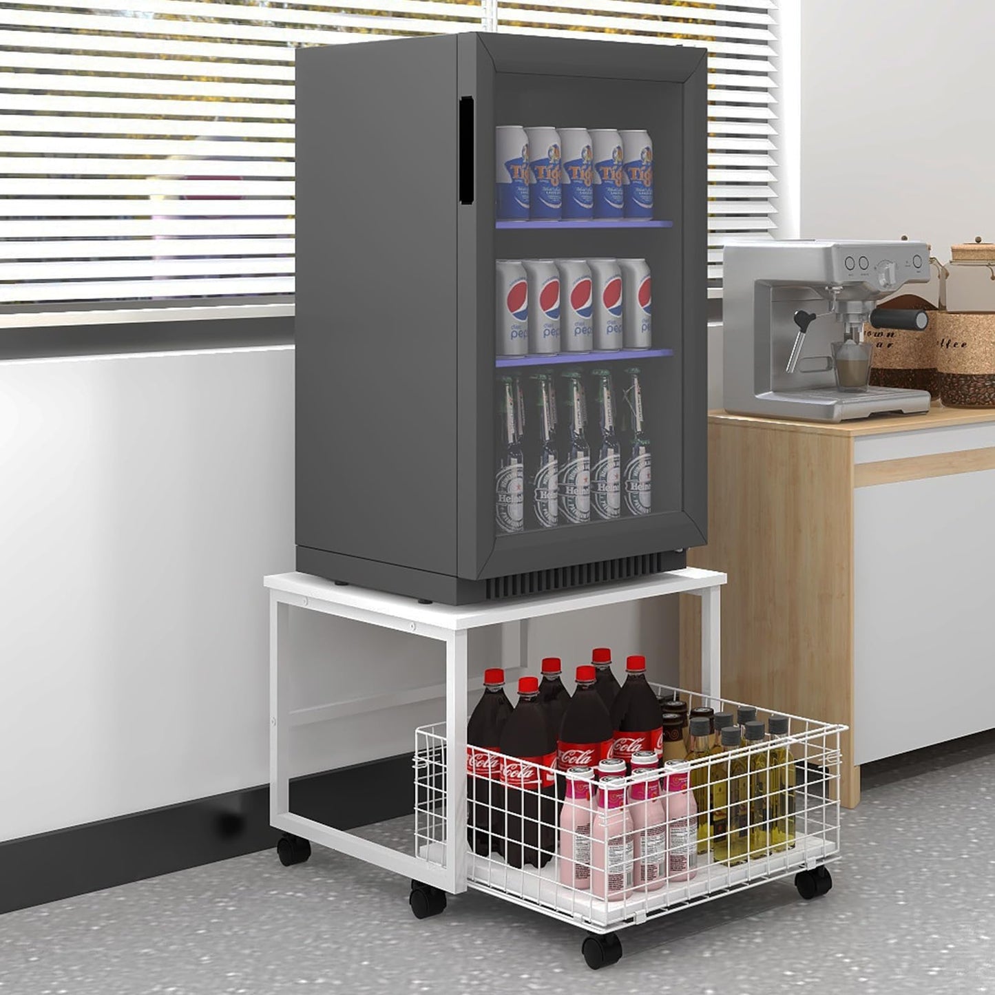 PUNCIA Mobile Mini Fridge Stand with Large Capacity Storage Portable Refrigerator Table with 4 Lockable Wheels Appliance Platform Table with Drawer