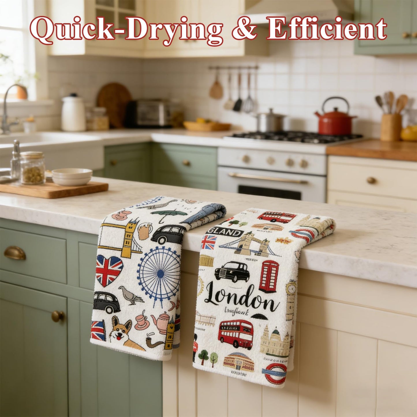 2 PCS London Tea Towels for Kitchen, Creative London Gifts Kitchen Towels, Absorbent Microfiber Dish Drying Cloth, Souvenir Kitchen Hand Towels