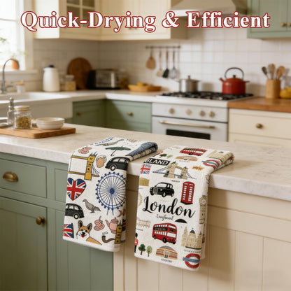 2 PCS London Tea Towels for Kitchen, Creative London Gifts Kitchen Towels, Absorbent Microfiber Dish Drying Cloth, Souvenir Kitchen Hand Towels