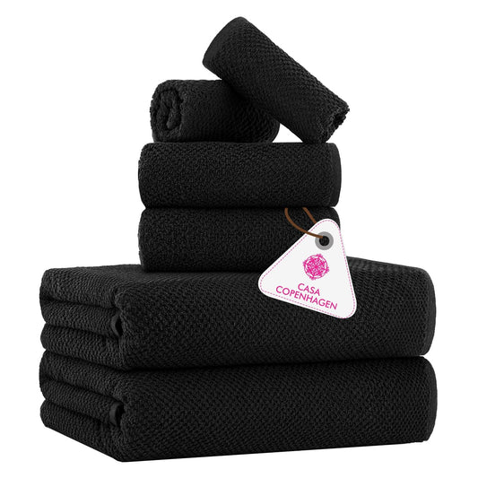 CASA COPENHAGEN Popcorn Textured 6 Piece Towel Set - Black, 550 g/m?, 2 Bath Towel, 2 Hand Towel, 2 Washcloth Towels Cotton Rough and Tough Use Gift