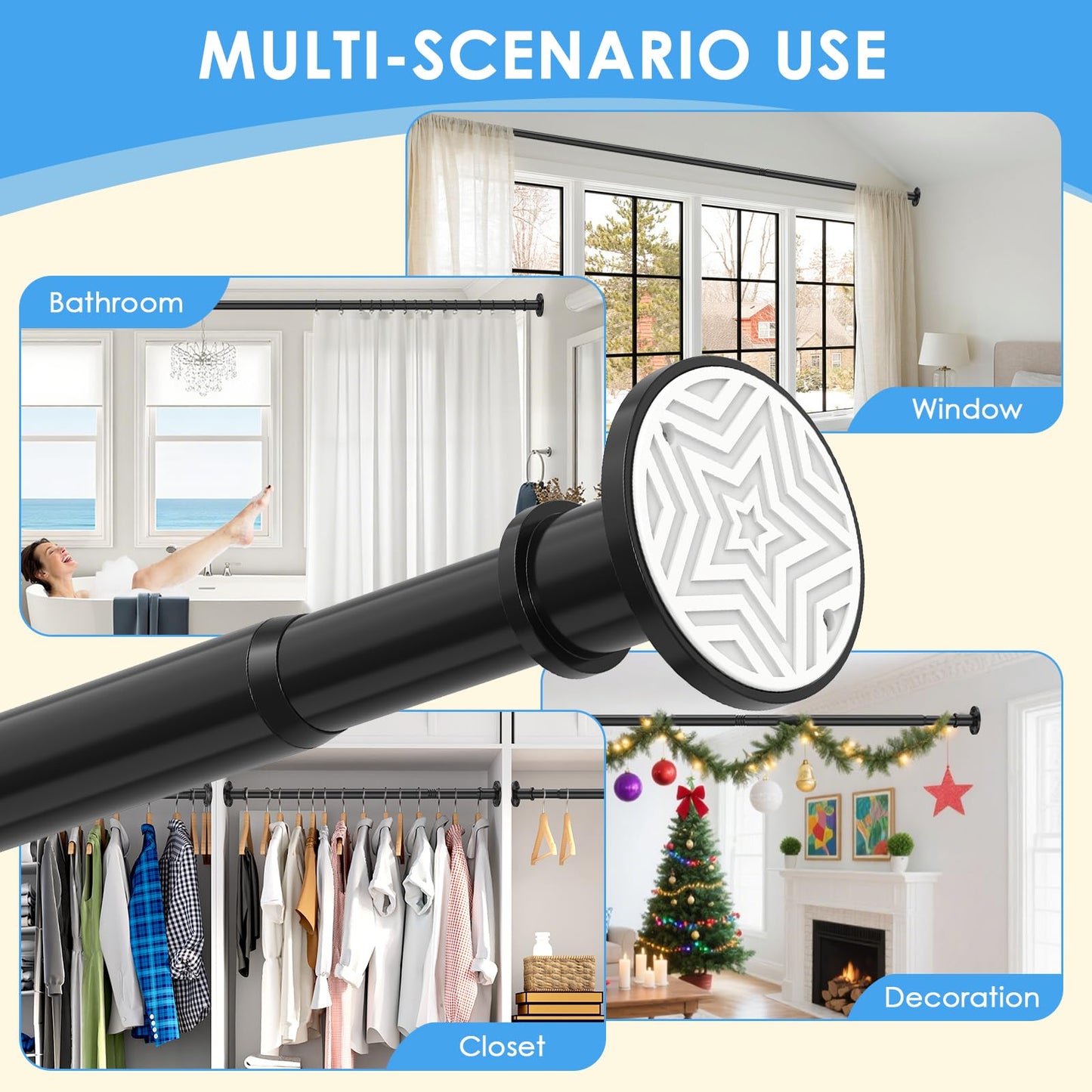 Black Shower Curtain Pole 78-313 cm, Extendable Tension Rod 28mm