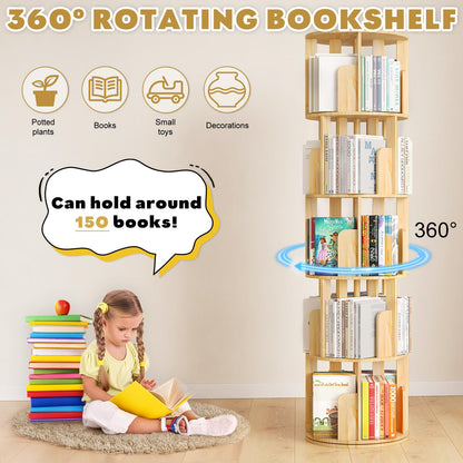 YGYQZ Rotating Bookshelf, 5 Tier Floor Standing Bookcase Wood 360 Display Narrow Book Shelf Organizer for Kids & Adult Storage Rack for Bedroom