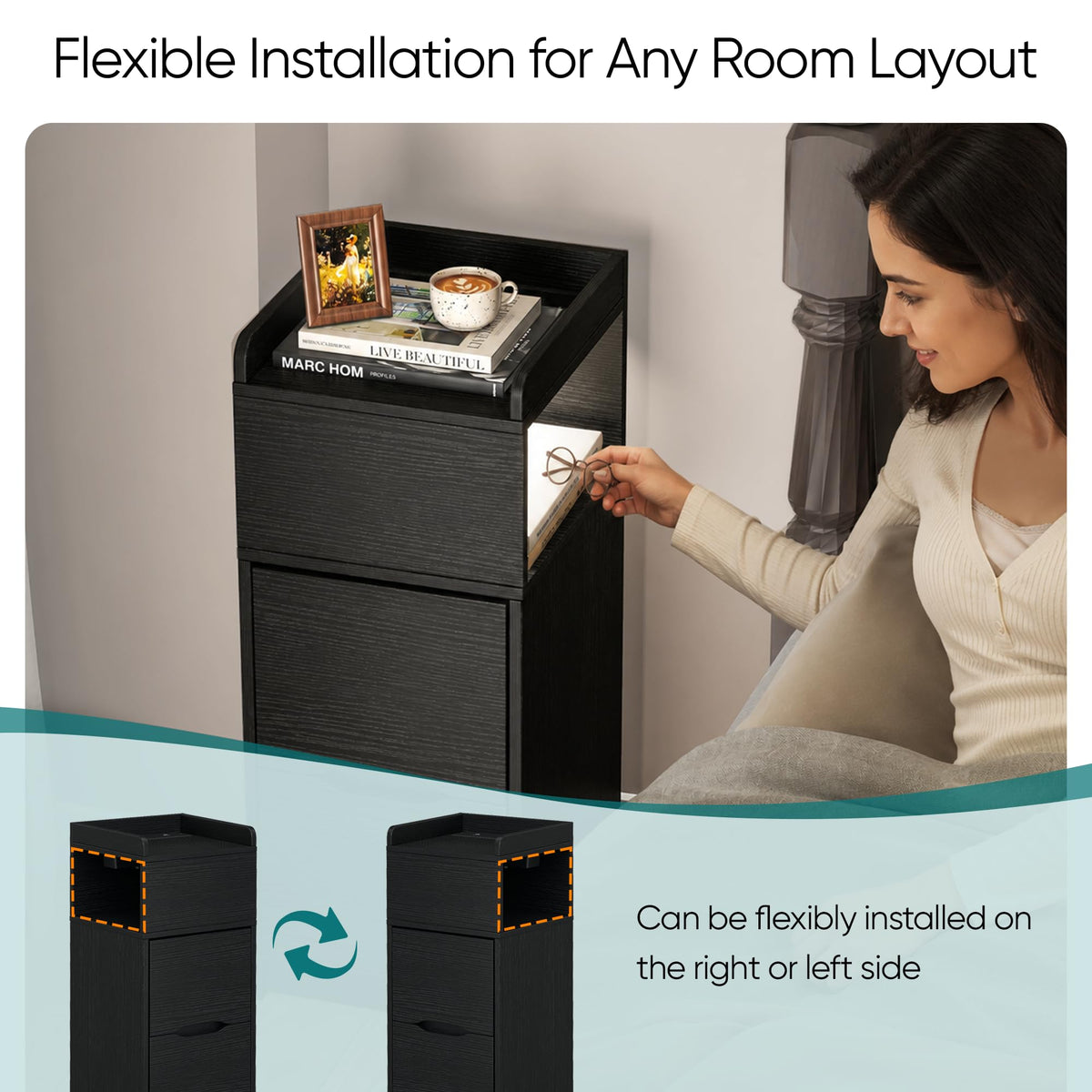 Quikraen 27cm Slim Bedside Table with Charging Station and Sensor LED Light