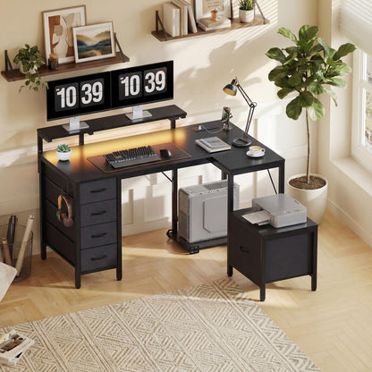 JUMMICO Corner Desk with Cabinet, Reversible L Shaped Computer Desk with Power Outlet and USB Ports, LED Lights and Hooks