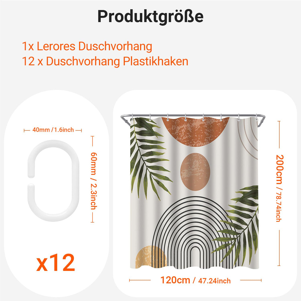 Lerores Shower Curtain, 120 x 200 cm, Leaf Line, Weighted Hem, Anti-Mould Textile, Water-Repellent
